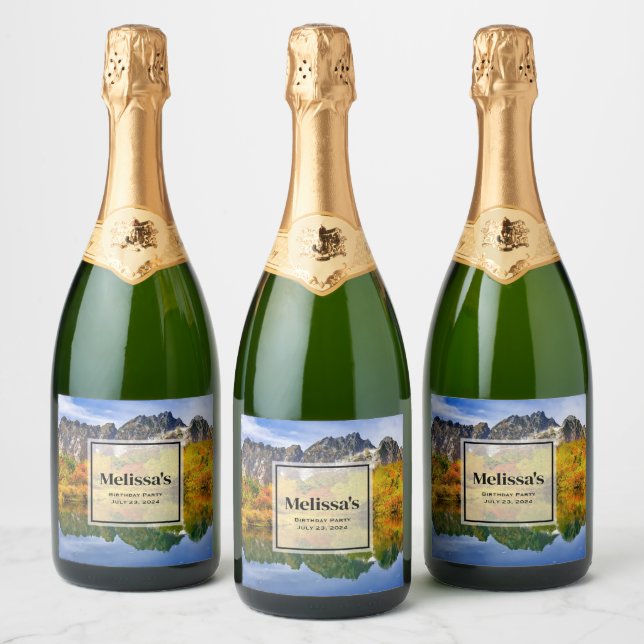 Scenic Landscape Forest and Mountains Birthday Sparkling Wine Label (Bottles)