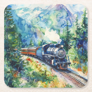 Scenic Landscape with Train Square Paper Coaster