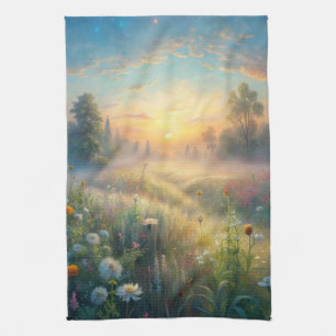 Scenic Meadow with Flowers Tea Towel