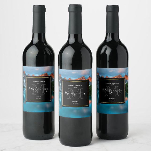 Scenic Mountain & Lake Landscape Photograph Winery Wine Label (Bottles)