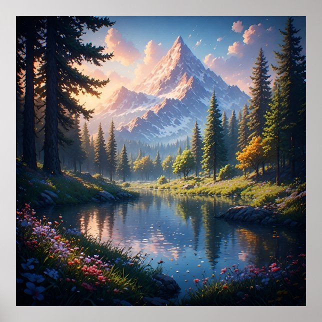Scenic Mountain Landscape with Lake Reflections Poster (Front)