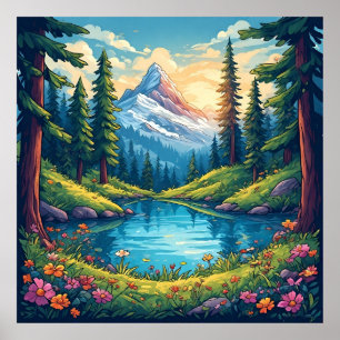 Scenic Mountain Landscape with Lake Reflections Poster