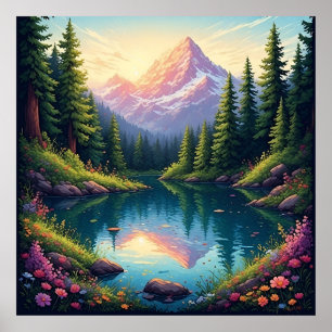 Scenic Mountain Landscape with Lake Reflections Poster