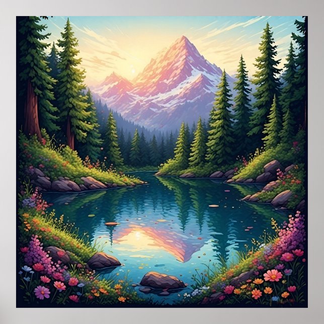 Scenic Mountain Landscape with Lake Reflections Poster (Front)