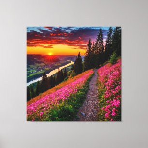 Scenic Mountain Sunset with Wildflowers Canvas Print