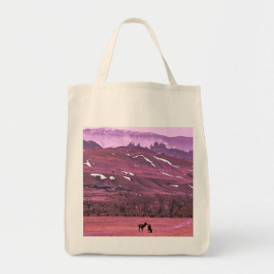 Scenic mountains with grazing elk & water ripples tote bag