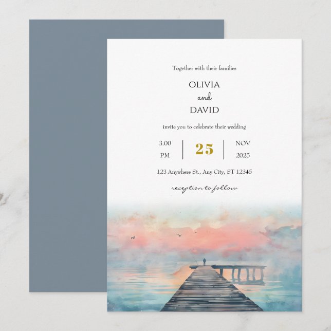Scenic Pastel Dawn Fishing Pier Art Beach Wedding  Invitation (Front/Back)