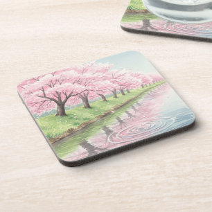 Scenic Pastel Pink Watercolor Cherry Blossom Tree Coaster