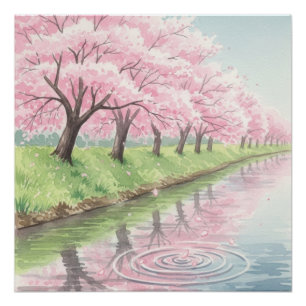 Scenic Pastel Pink Watercolor Cherry Blossom Tree Poster