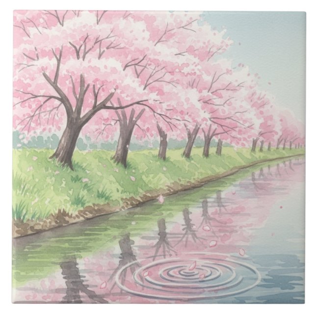 Scenic Pastel Pink Watercolor Cherry Blossom Tree  Tile (Front)