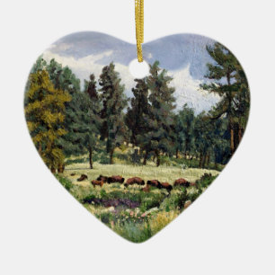 Scenic Pasture of Buffalo in South Dakota Ceramic Tree Decoration