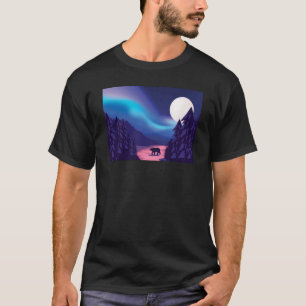 Scenic Polar Bear Silhouette With Moon and Aurora  T-Shirt