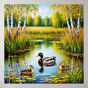 Scenic Pond with Ducks Swimming Poster