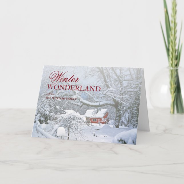 Scenic Red Barn Covered in Snow Holiday Card (Front)