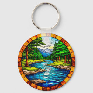 Scenic River and Forest Landscape Key Ring