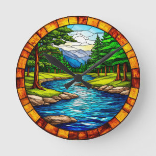 Scenic River and Forest Landscape Round Clock