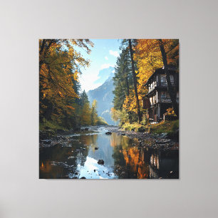 Scenic River and Forest Landscape with Rustic Hous Canvas Print