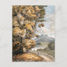 Scenic Road, Trees, Lake and Mountain Vintage Art,