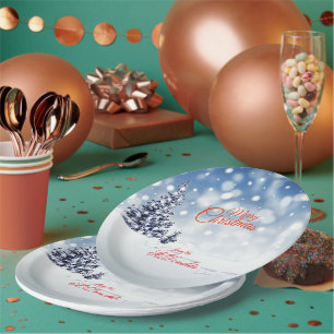 Scenic Snow and Christmas trees Personalize Paper Plate
