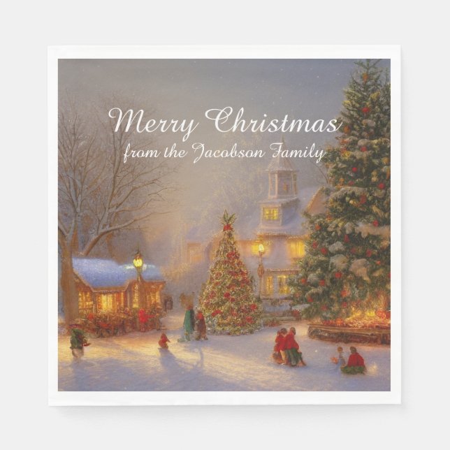 Scenic Snow Christmas Trees In Quaint Village Napkin (Front)