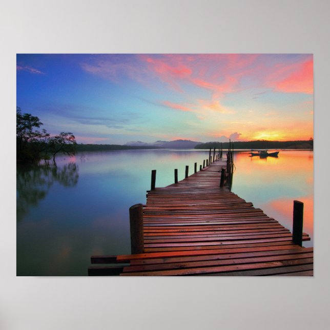 Scenic Sunrise Lake Jetty Pier Poster (Front)