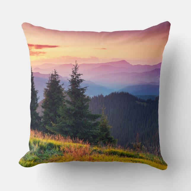 Scenic Sunset Mountains Jungle Pine trees Fall Cushion (Front)