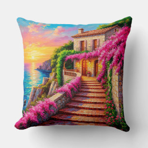 Scenic Sunset Over Coastal Villa Cushion