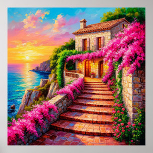 Scenic Sunset Over Coastal Villa Poster
