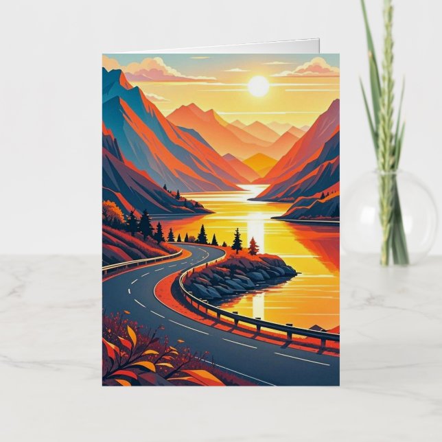 Scenic travel on winding road, sunsets foil greeting card (Front)