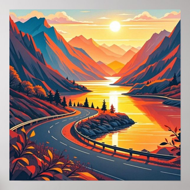 Scenic travel on winding road, sunsets poster (Front)