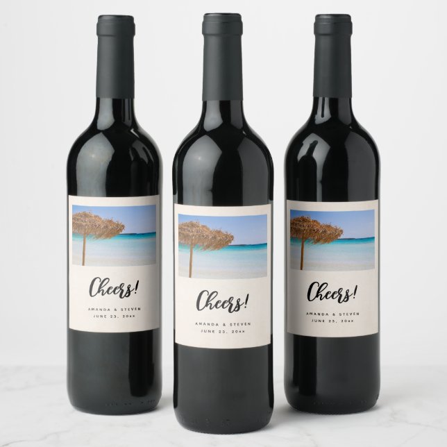 Scenic Tropical Beach Wedding Cheers Wine Label (Bottles)