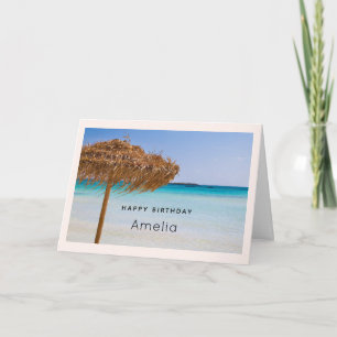 Scenic Tropical Beach with Straw Umbrella Birthday Card
