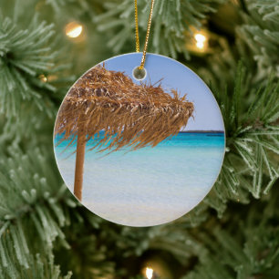 Scenic Tropical Beach with Straw Umbrella Ceramic Tree Decoration