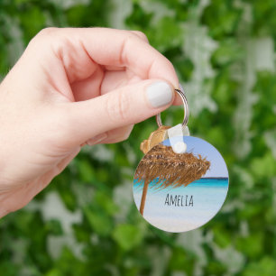 Scenic Tropical Beach with Straw Umbrella Key Ring
