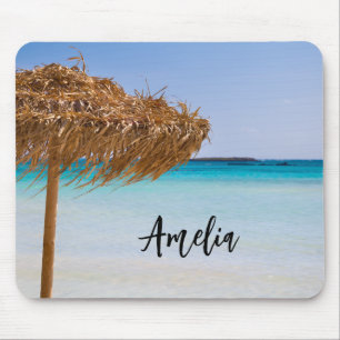 Scenic Tropical Beach with Straw Umbrella Mouse Mat