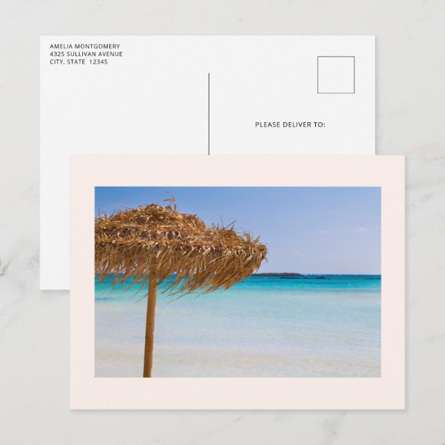 Scenic Tropical Beach with Straw Umbrella Postcard (Front/Back)