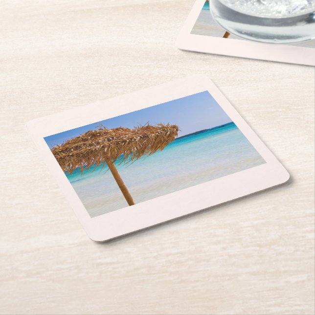 Scenic Tropical Beach with Straw Umbrella Square Paper Coaster (Angled)