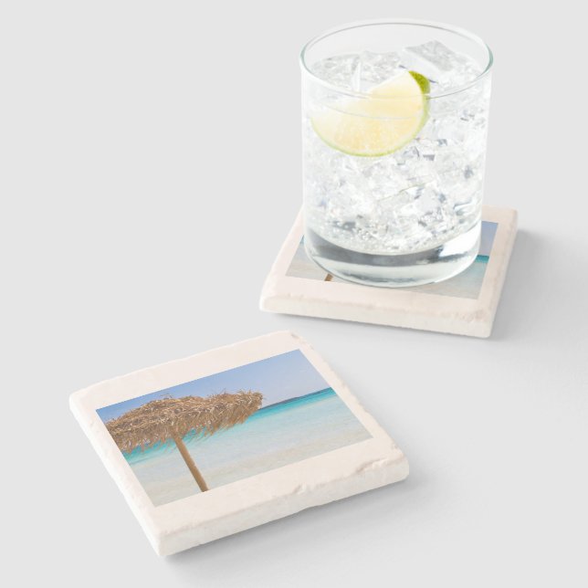Scenic Tropical Beach with Straw Umbrella Stone Coaster (Side)