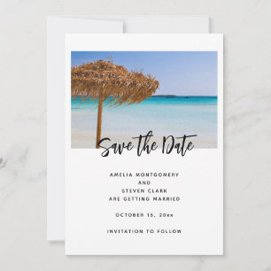 Scenic Tropical Beach with Straw Umbrella Wedding Save The Date
