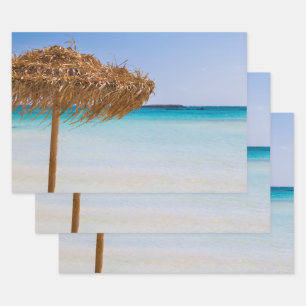 Scenic Tropical Beach with Straw Umbrella Wrapping Paper Sheet
