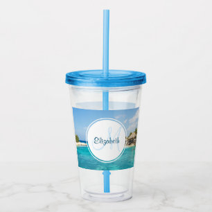 Scenic Tropical Beach with Thatched Huts Monogram Acrylic Tumbler