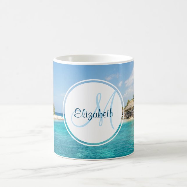 Scenic Tropical Beach with Thatched Huts Monogram Coffee Mug (Center)