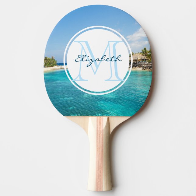 Scenic Tropical Beach with Thatched Huts Monogram Ping Pong Paddle (Front)