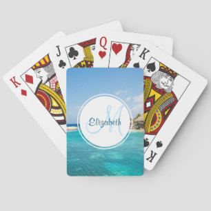 Scenic Tropical Beach with Thatched Huts Monogram Playing Cards