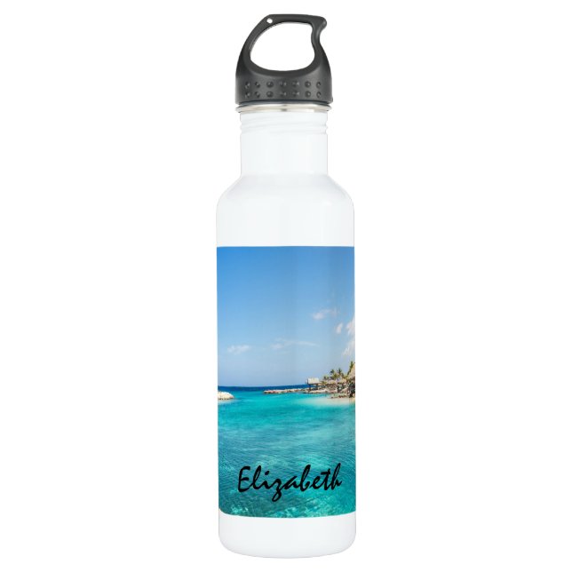 Scenic Tropical Beach with Thatched Huts Photo 710 Ml Water Bottle (Front)