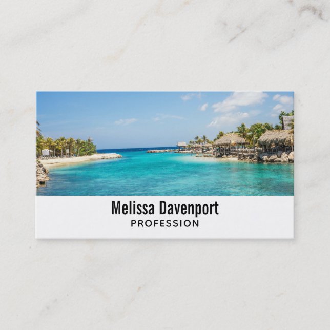 Scenic Tropical Beach with Thatched Huts Photo Business Card (Front)
