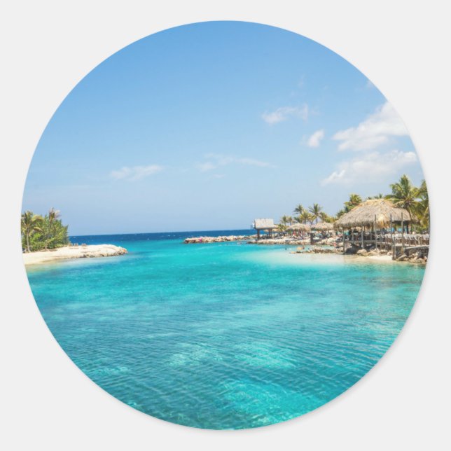 Scenic Tropical Beach with Thatched Huts Photo Classic Round Sticker (Front)