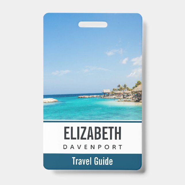 Scenic Tropical Beach with Thatched Huts Photo ID Badge (Front)