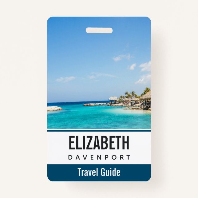 Scenic Tropical Beach with Thatched Huts Photo ID Badge (Front)