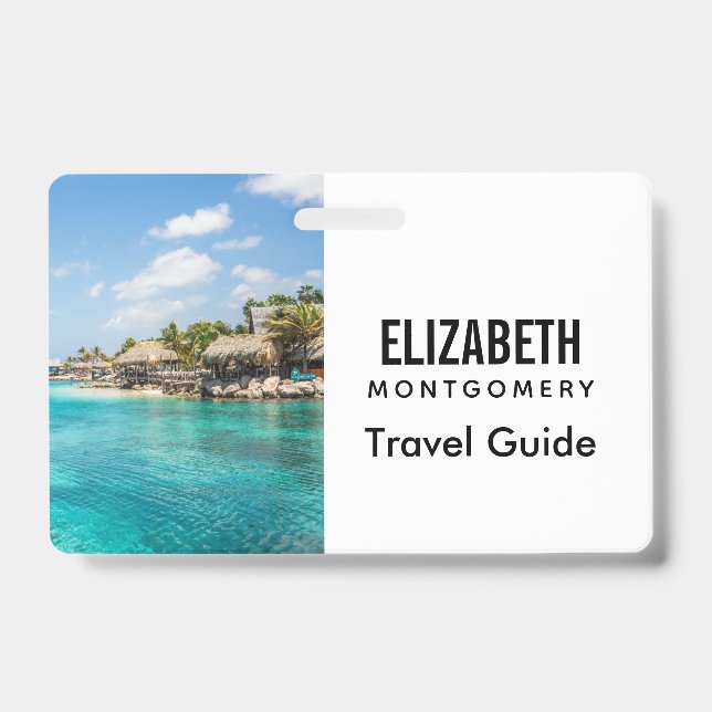 Scenic Tropical Beach with Thatched Huts Photo ID Badge (Front)